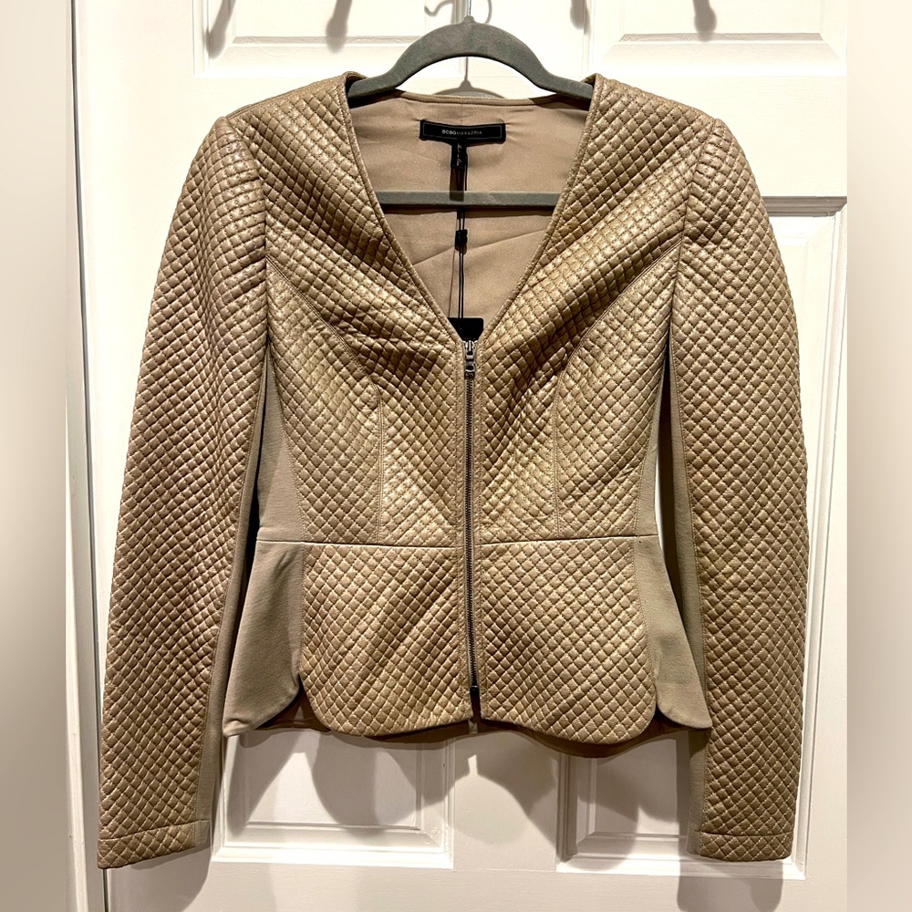 BCBGMaxAzria Tan Quilted Leather Jacket with Peplum Hem NWT